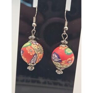 Millefiori-Style Floral Polymer Clay Bead Earrings Red Colorful Boho Artsy